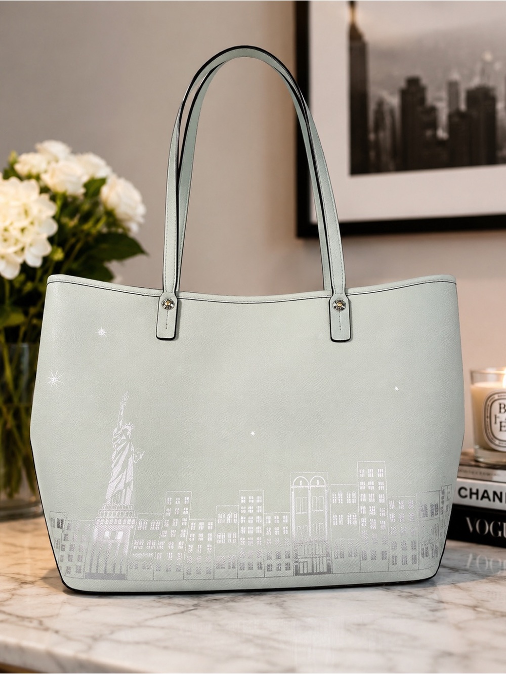 Henri Bendel EUC Sea Foam Sage West 57th NYC Skyline Tote; Rare Vaulted
